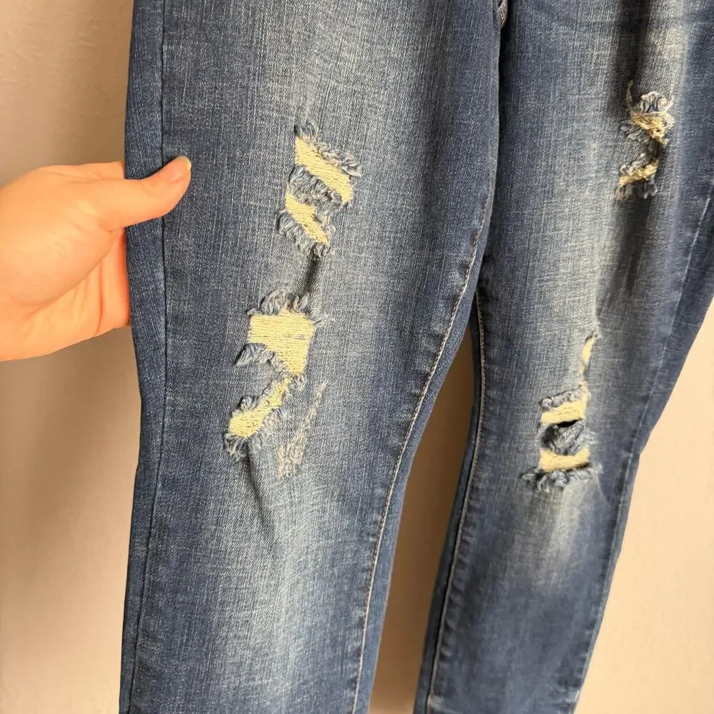 Judy Blue Dark Wash Distressed Raw Hem Relaxed Fit Skinny Jeans Womens 25